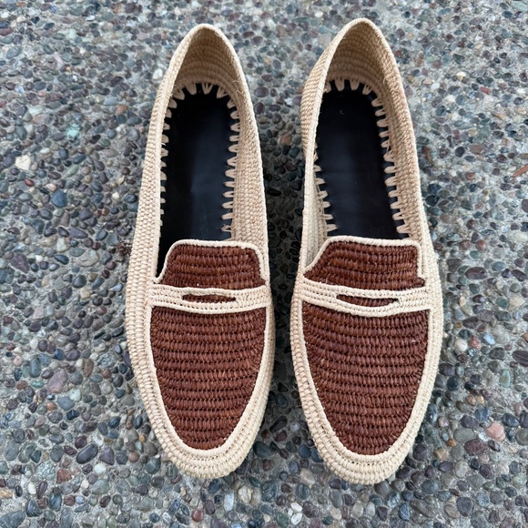 men two-tone beige raffia brown loafers - Picture 2 of 6